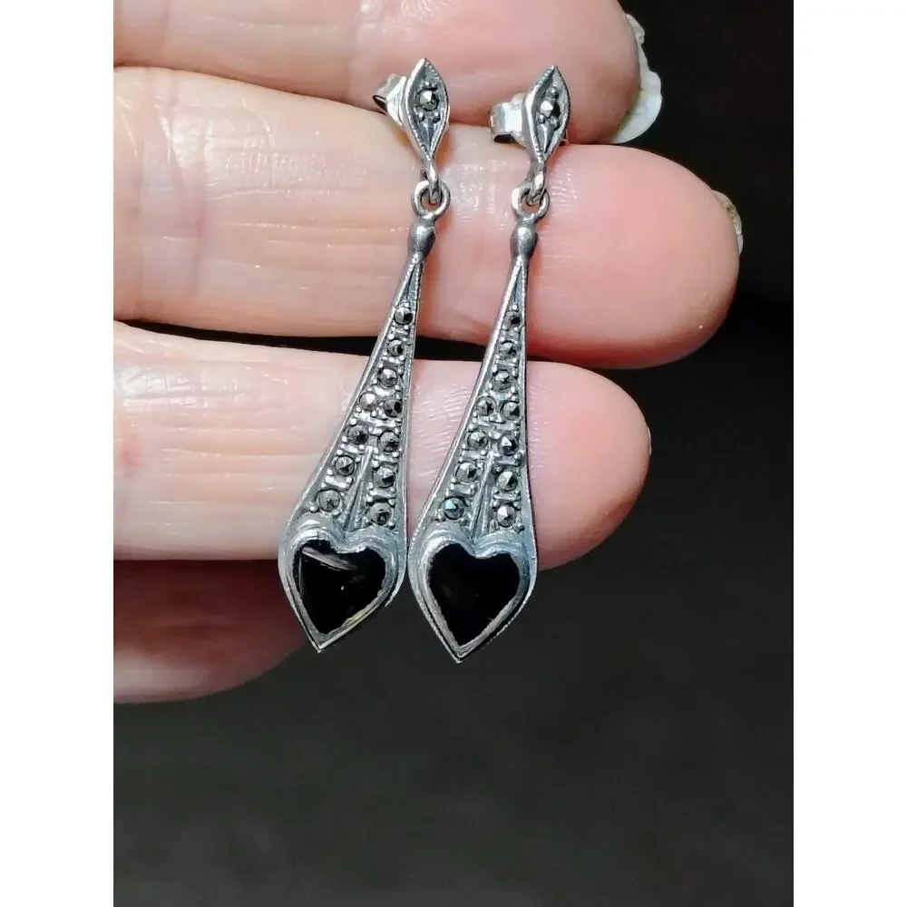 925 Silver Marcasite Black Heart Earrings